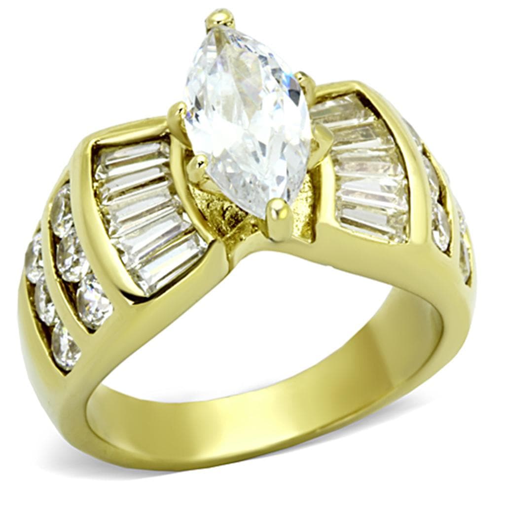 Stainless Steel Gold CZ Marquise Baguette Cocktail Ring