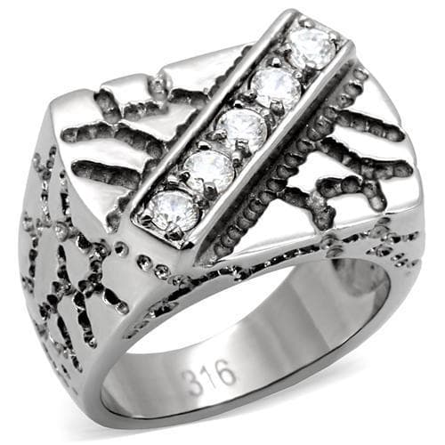 Stainless Steel CZ Diagonal Stripe Antiqued Mens Signet Ring