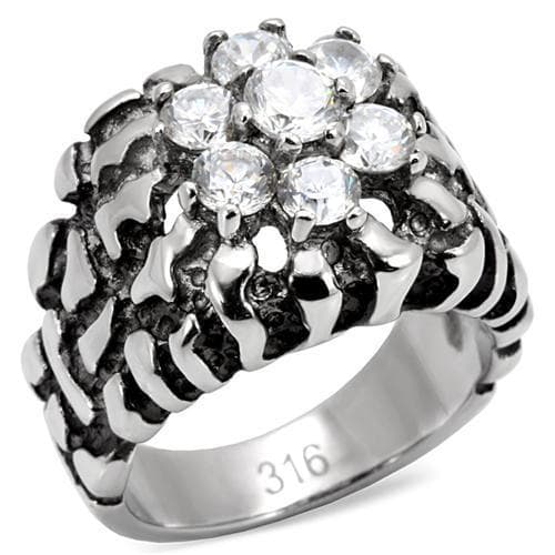 Stainless Steel CZ Round Cluster Rope Texture Cocktail Ring