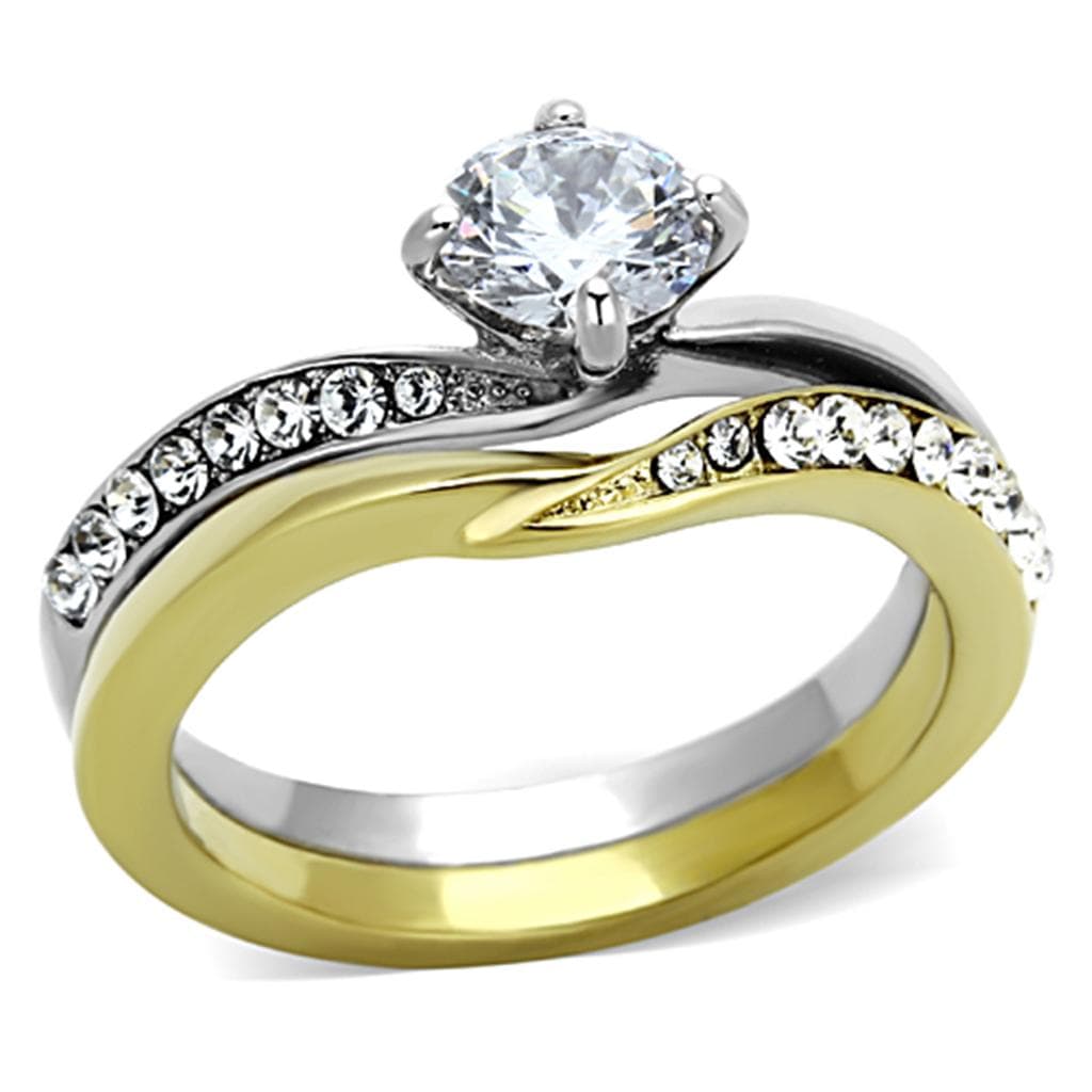 Stainless Steel Two Tone CZ Round Solitaire Pave Bridal Set Ring