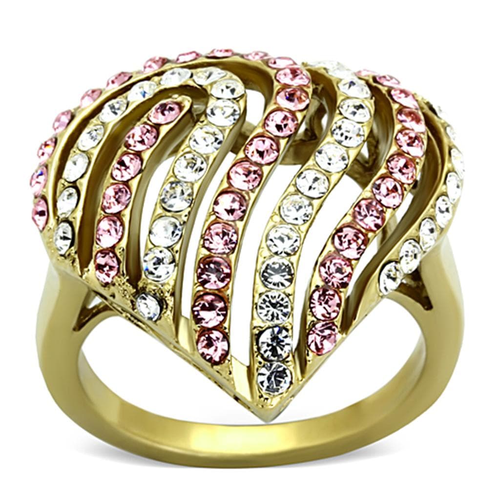 Stainless Steel Gold Pink CZ Multi Row Wave Ring
