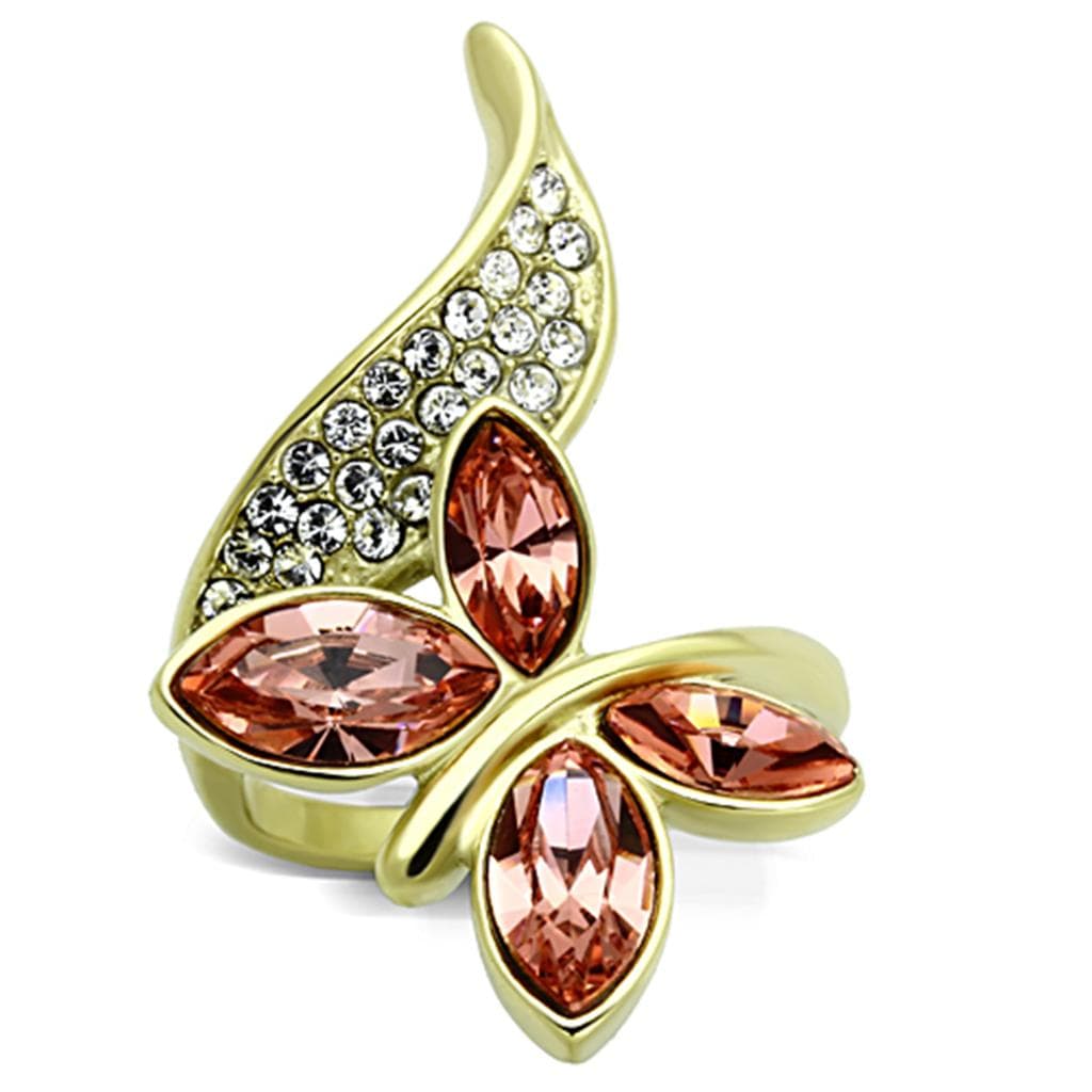 Stainless Steel Gold Champagne Crystal Leaf CZ Accent Ring