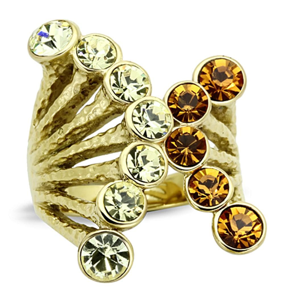Stainless Steel Gold Champagne Crystal Multi Bezel Crown Ring
