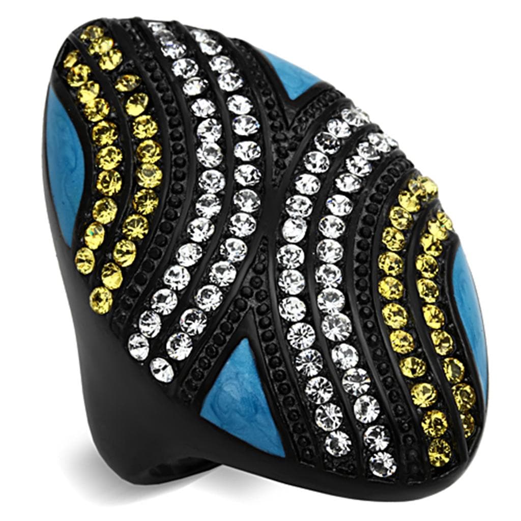 Stainless Steel Black Blue Turquoise Crystal Stripe Wave Ring