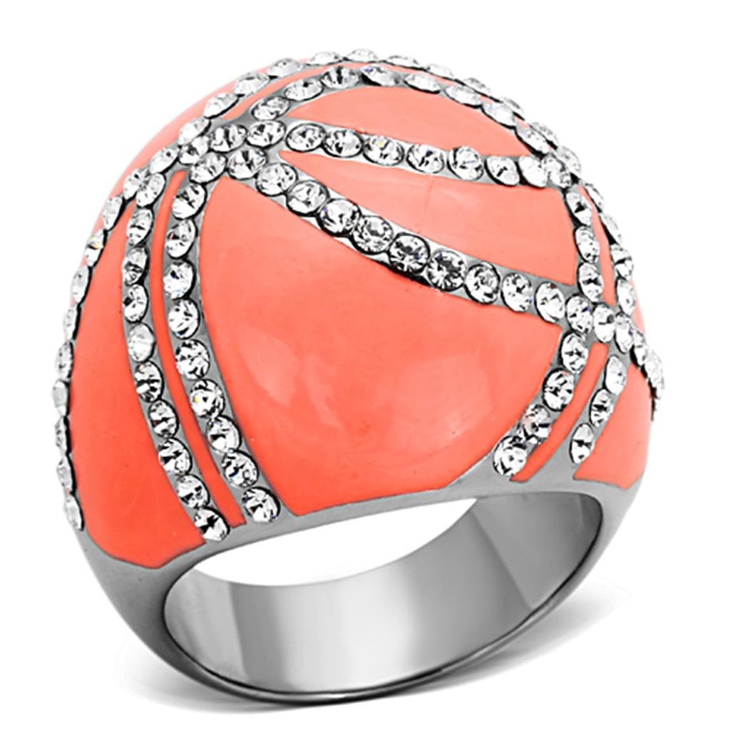 Stainless Steel Coral Enamel CZ Wave Dome Ring