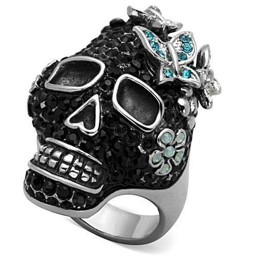 Stainless Steel Black Crystal Pave Skull Flower Crown Ring