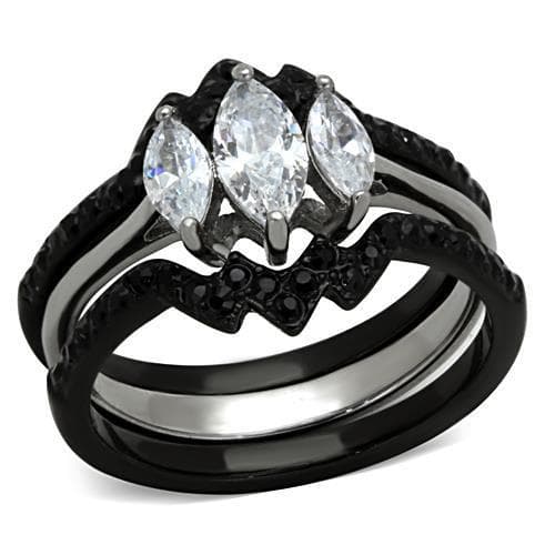 Stainless Steel Dark CZ Marquise Double Solitaire Bridal Set Ring