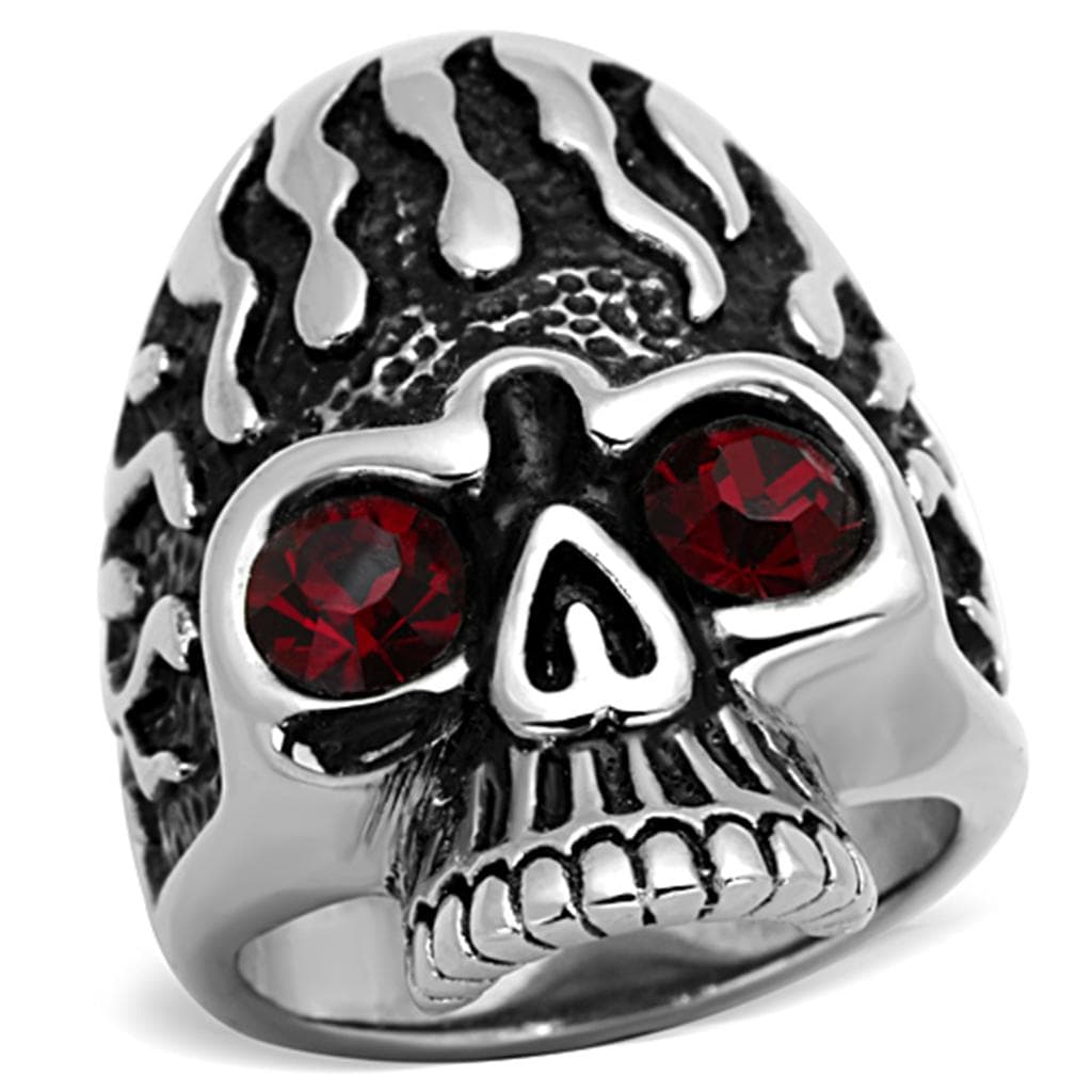 Stainless Steel Skull Red CZ Eyes Flame Statement Ring