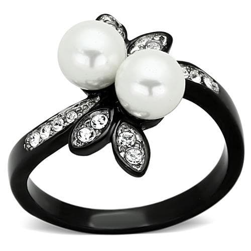 Stainless Steel Black IP Double Pearl CZ Floral Ring