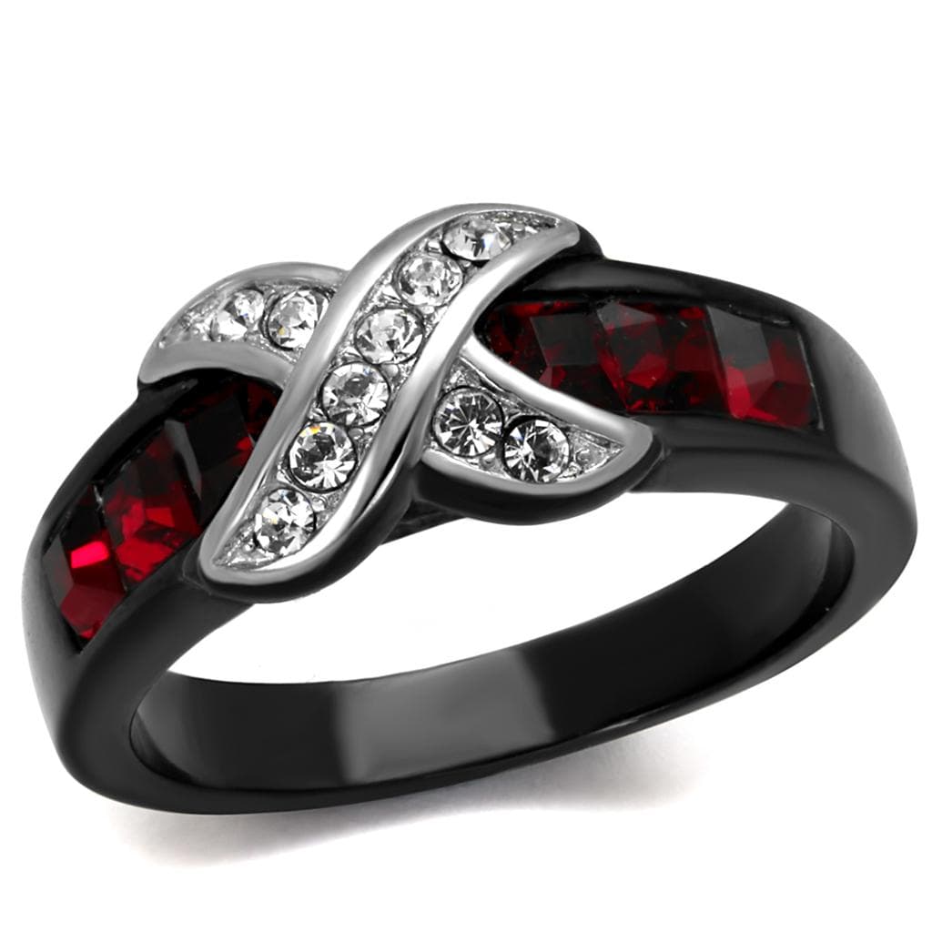 Stainless Steel Black IP Red Crystal CZ Crossover X Ring