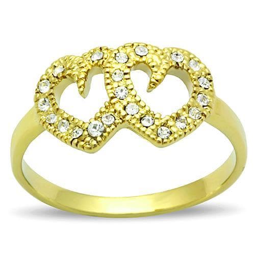 Stainless Steel Gold CZ Double Heart Cutout Ring