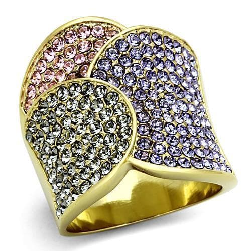 Stainless Steel Gold Multi Crystal Pave Heart Ring