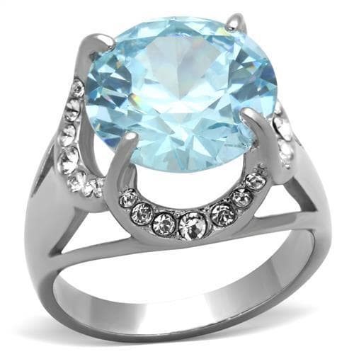 Stainless Steel CZ Aquamarine Round Halo Ring