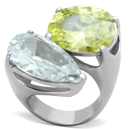 Stainless Steel Clear Pear Yellow Oval Dual Crystal Ring