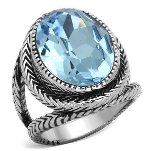 Stainless Steel Aqua Blue Oval Crystal Braided Bezel Ring