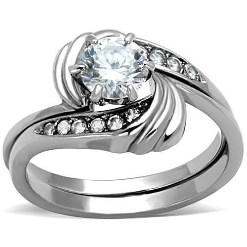 Stainless Steel CZ Round Solitaire Swirl Bypass Ring TK1429
