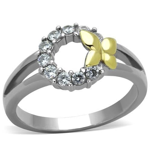 Stainless Steel CZ Circle Gold Butterfly Accent Ring
