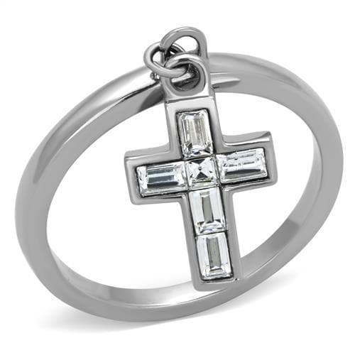 Stainless Steel CZ Baguette Cross Charm Dangle Ring