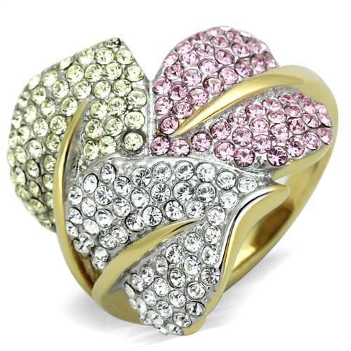 Stainless Steel Two Tone Pink Crystal Pave Heart Ring