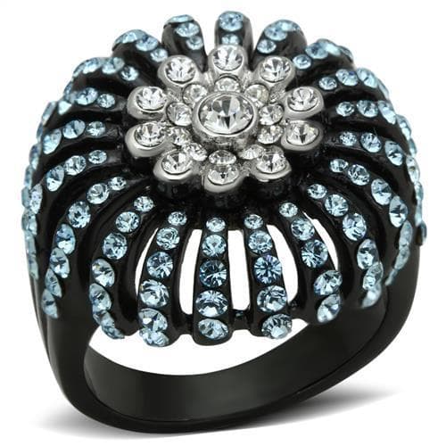 Stainless Steel Black IP Blue Crystal Pave Starburst Dome Ring