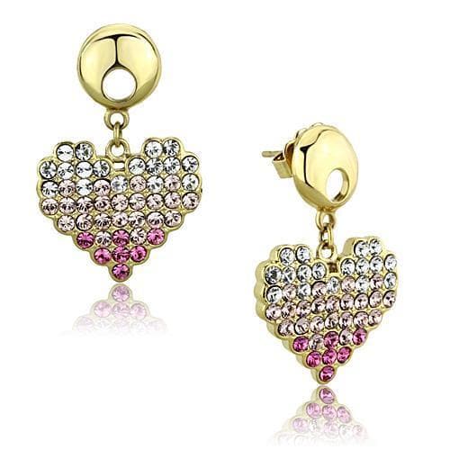 Stainless Steel Pink Crystal Heart Drop Earrings