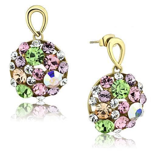 Stainless Steel Gold Multi Crystal Cluster Round Drop Earrings