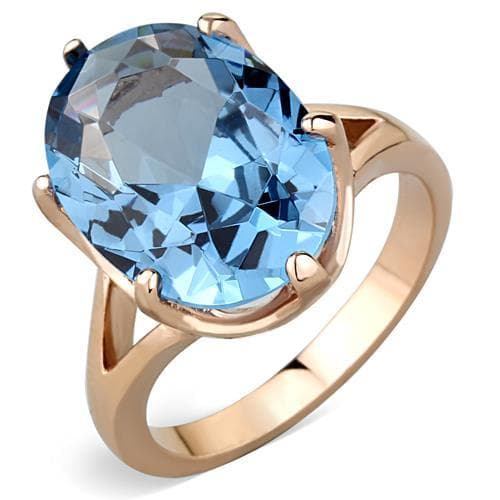 Stainless Steel Rose Gold Blue Oval Crystal Solitaire Ring