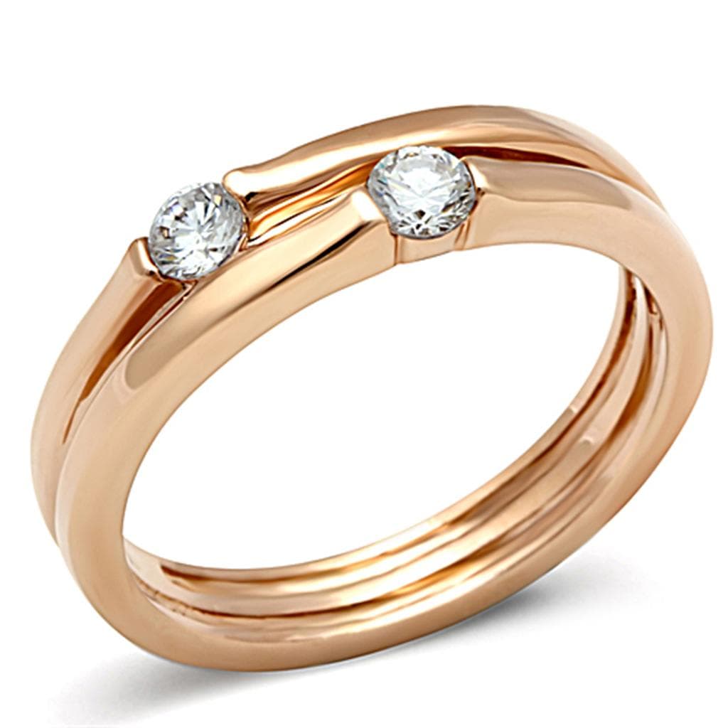 Stainless Steel Rose Gold CZ Solitaire Bypass Band Set Ring