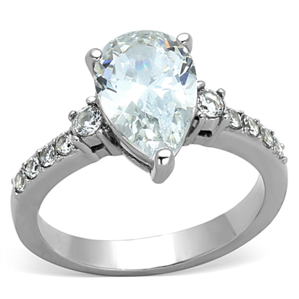 Stainless Steel CZ Pear Solitaire Side Stones Ring