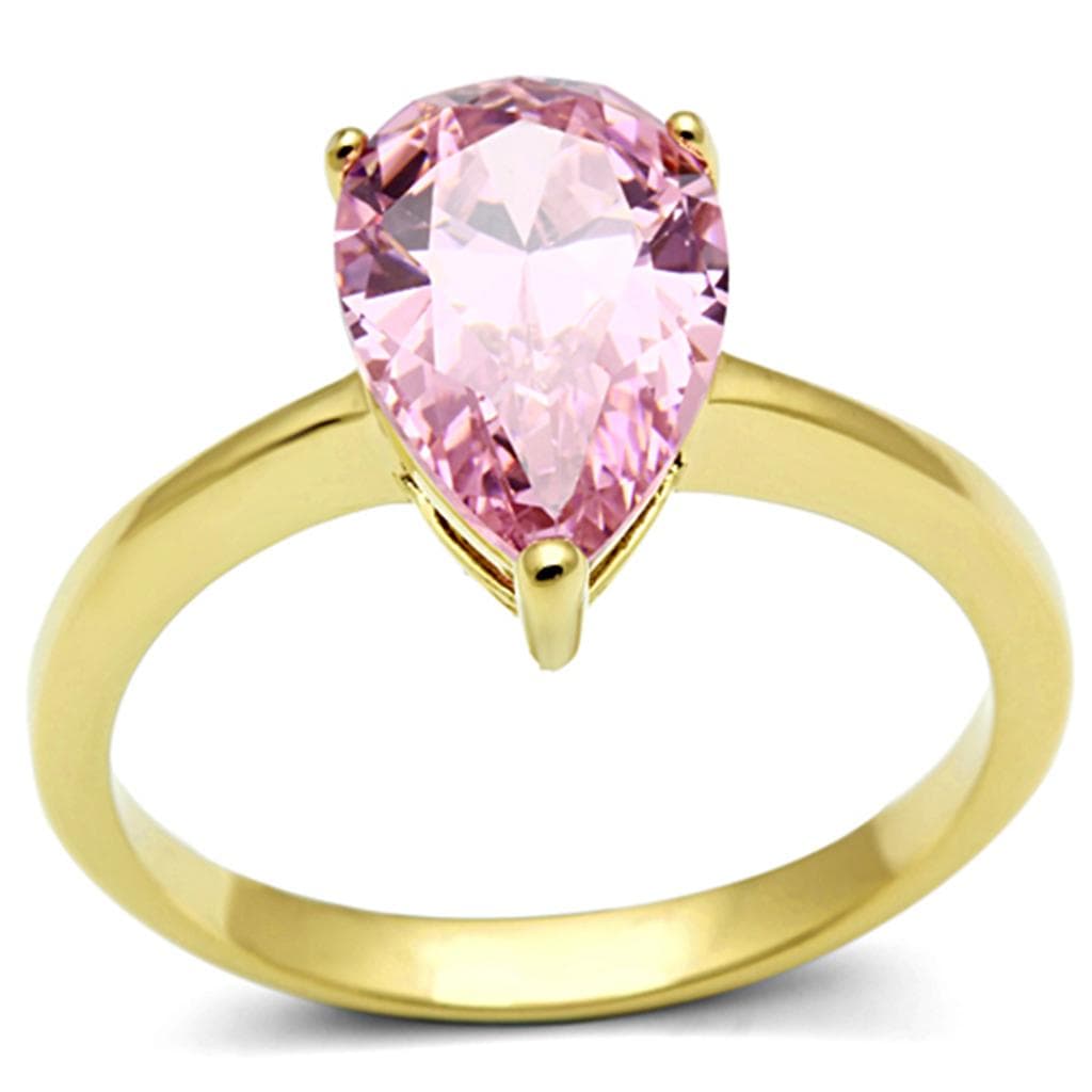 Stainless Steel Gold Pink Pear Crystal Solitaire Ring
