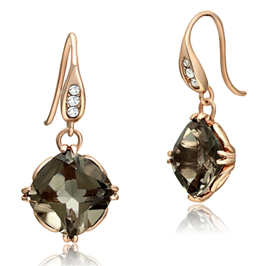 Stainless Steel Rose Gold Smoky Quartz Cushion Drop Earrings