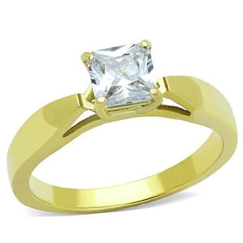 Stainless Steel Gold CZ Princess Solitaire Classic Ring