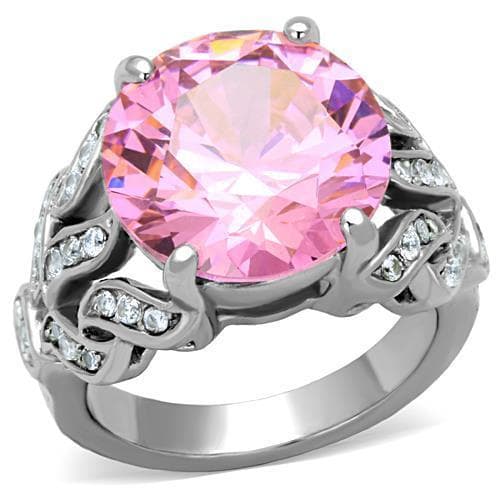 Stainless Steel Pink Round Crystal CZ Ornate Cocktail Ring