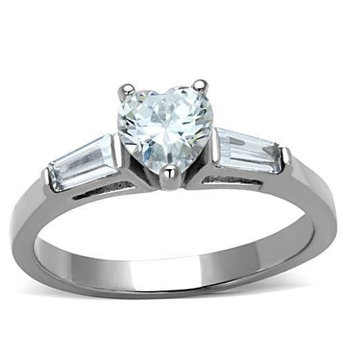 Stainless Steel CZ Heart Solitaire Baguette Accent Ring