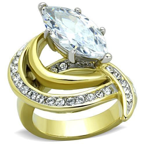 Stainless Steel Gold CZ Marquise Swirl Split Shank Ring