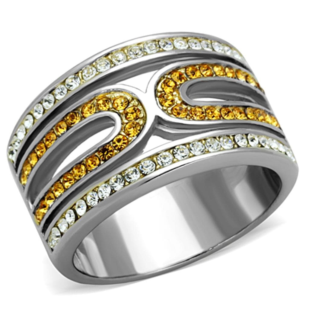 Stainless Steel Topaz Clear Crystal S Wave Wide Band Ring