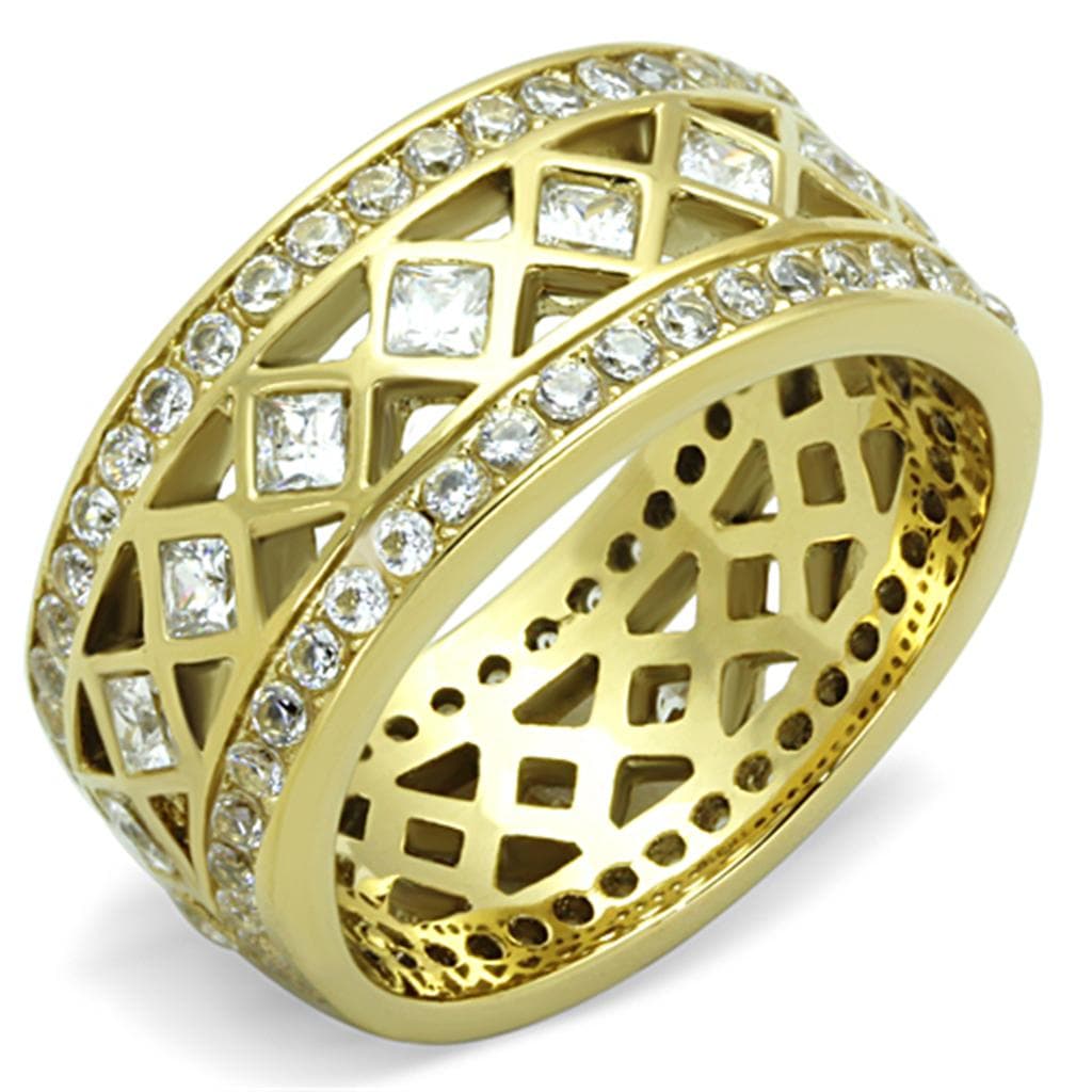 Stainless Steel Gold CZ Lattice Filigree Eternity Band Ring