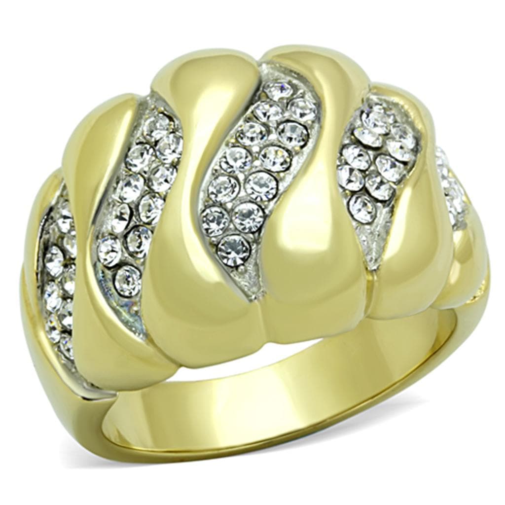 Stainless Steel Gold CZ Pave Swirl Twisted Dome Ring