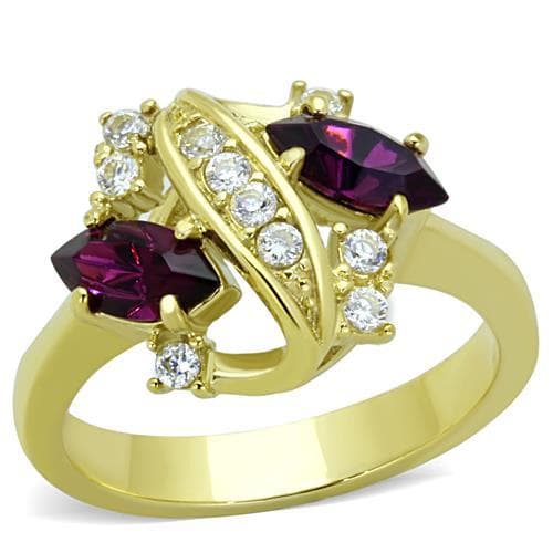 Stainless Steel Gold Amethyst Marquise CZ Cluster Bypass Ring