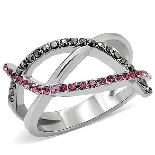 Stainless Steel Pink Black Crystal Double X Crossover Ring