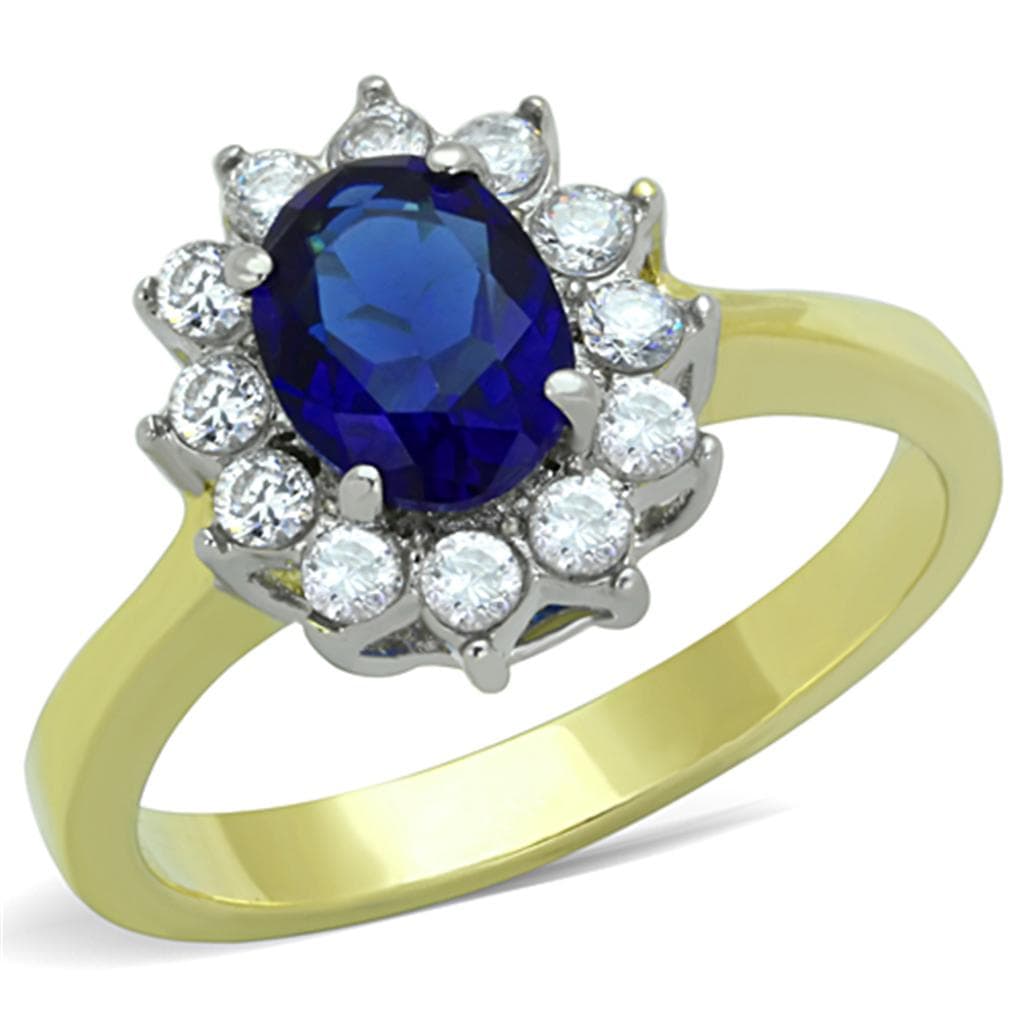 Stainless Steel Gold Blue Sapphire Oval CZ Halo Ring