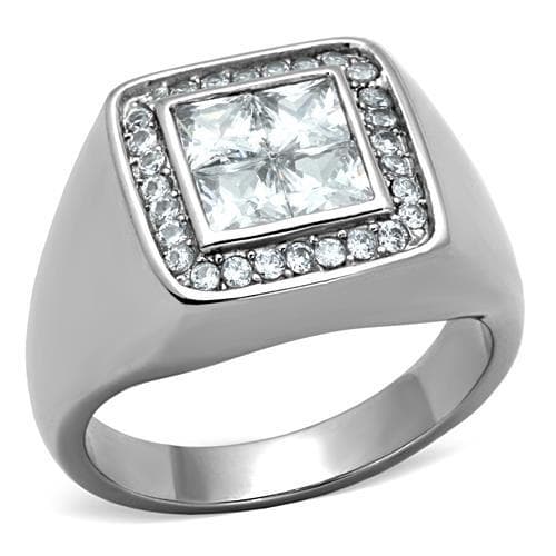 Stainless Steel CZ Princess Pave Halo Mens Signet Ring