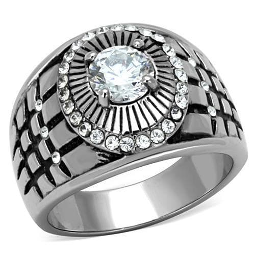 Stainless Steel CZ Round Sunburst Checkered Wide Mens Ring