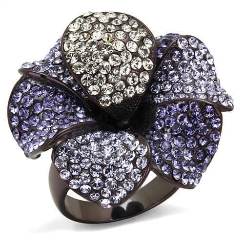 Stainless Steel Dark Purple Lavender Crystal Pave Flower Ring