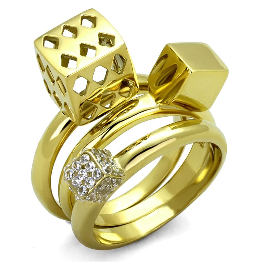 Stainless Steel Gold Geometric Cube Hexagon Stackable Set Ring