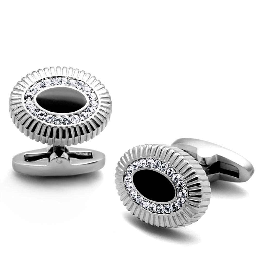Stainless Steel Black Onyx Oval Ribbed CZ Cufflink Bracelet