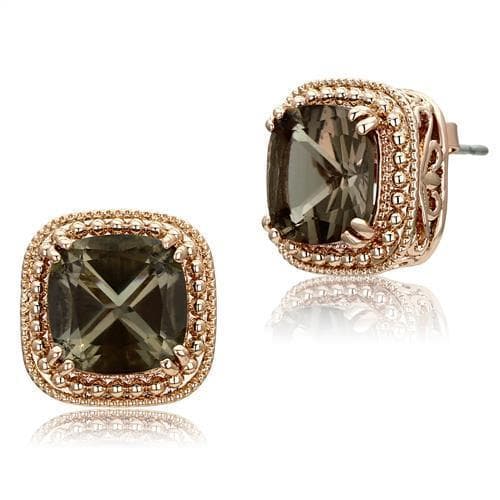 Stainless Steel Rose Gold Smoky Quartz Cushion CZ Halo Earrings