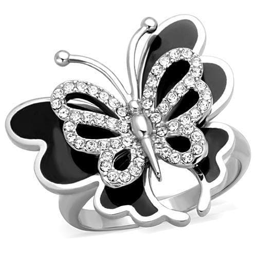 Stainless Steel Black White Enamel CZ Butterfly Ring
