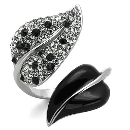 Stainless Steel Black White Enamel CZ Leaf Brooch