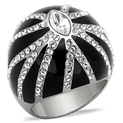 Stainless Steel Black Enamel CZ Starburst Dome Ring